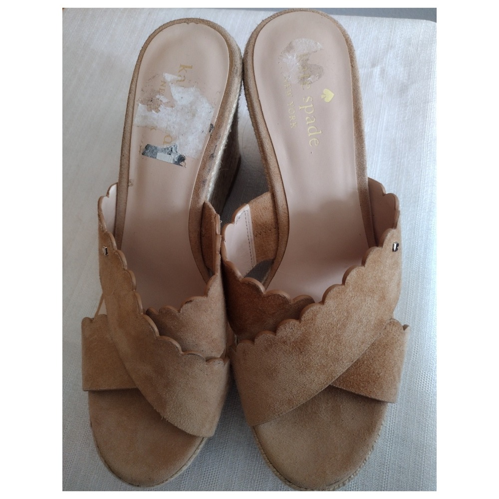 Kate Spade New York Tegan Tan Suede Scalloped Espadrille Wedge Slide Sandals 8.5 - Picture 4 of 5